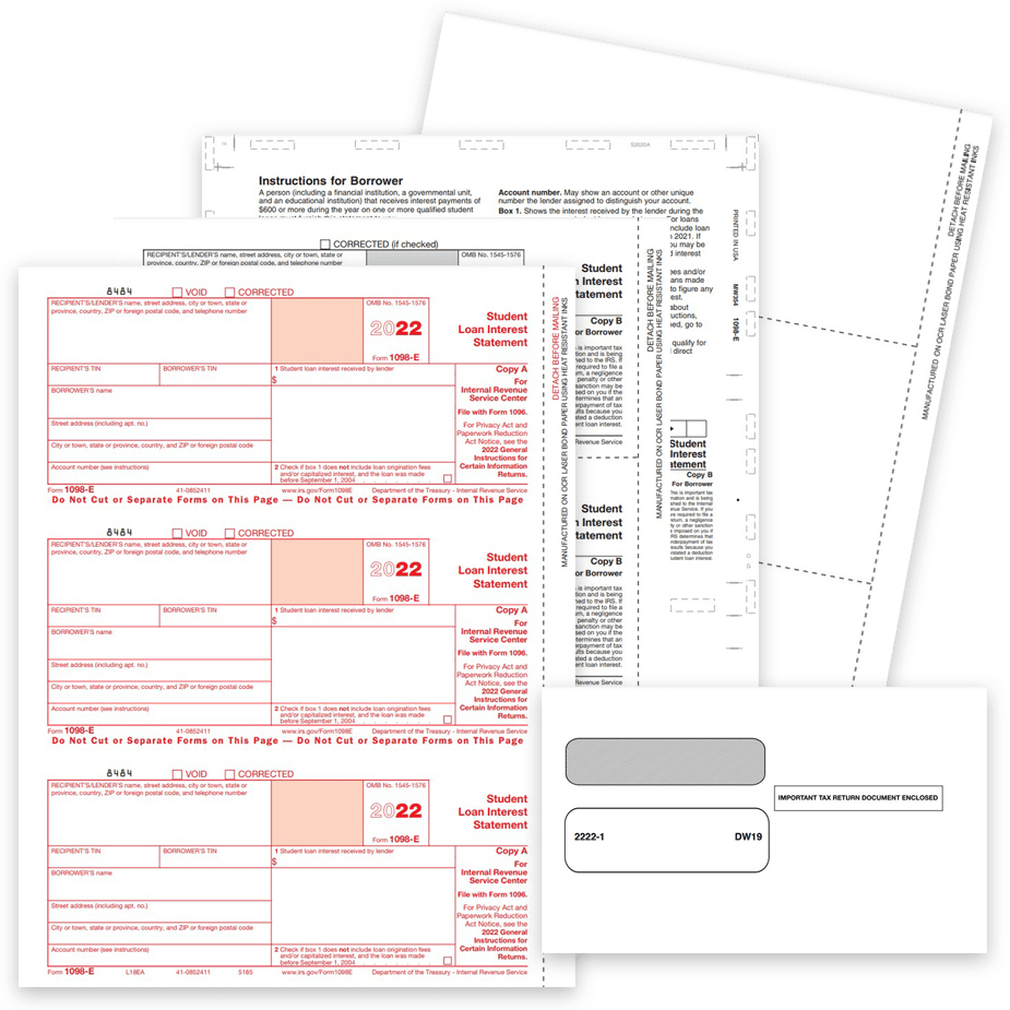 1098E Tax Forms Envelopes 2022 1098E Tax Forms for 2022 for Student Loan Interest Statement Reporting, Official 1098-E Forms - DiscountTaxForms.com