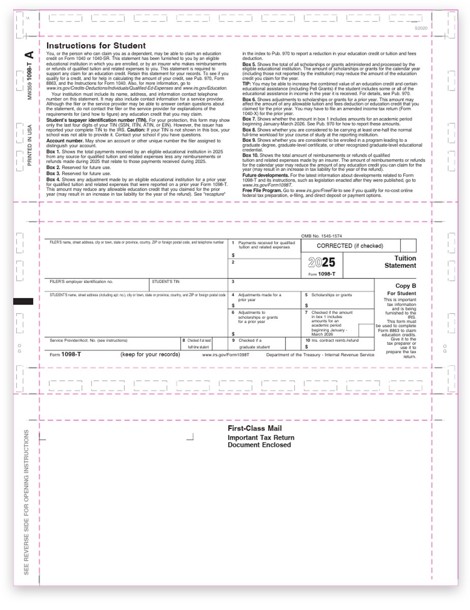 Order 1098T Pressure Seal Tax Forms, 11-inch Z-fold, Student Copy B for 2025. Easy Online E-Filing Options - DiscountTaxForms.com