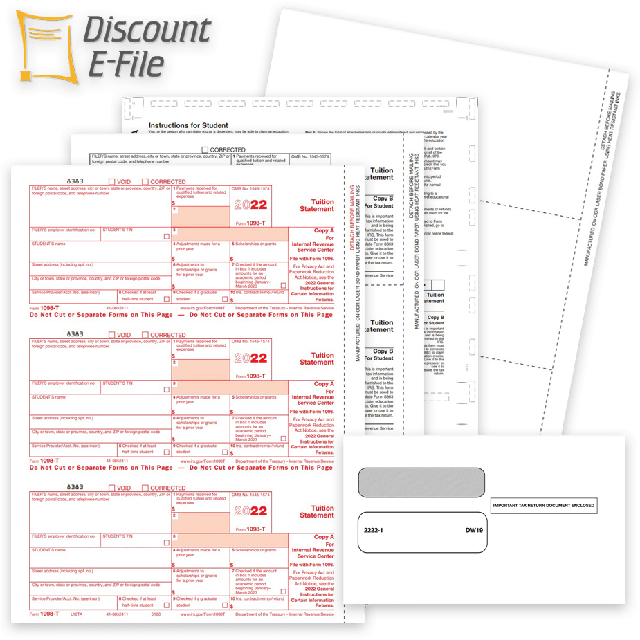 1098T Tax Forms and Envelopes for 2022, Tuition Statements, Forms and Online Filing Options - DiscountTaxForms.com