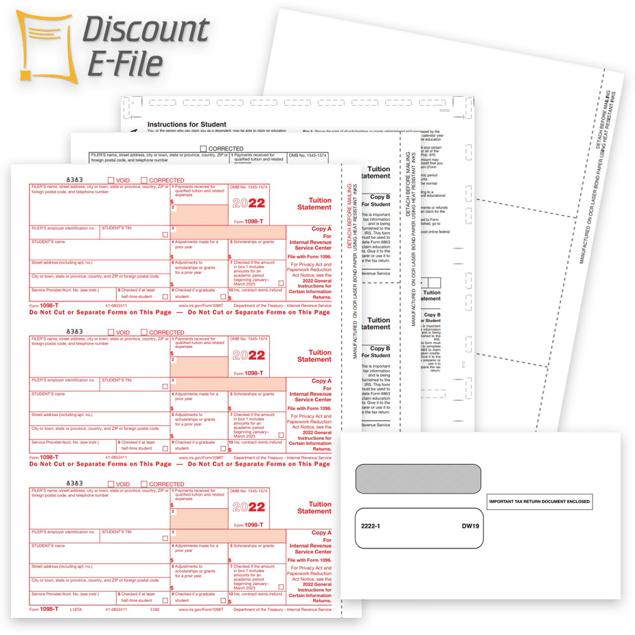 1098T Tax Forms Envelopes 2022 1098T Tax Forms and Envelopes for 2022, Tuition Statements, Forms and Online Filing Options - DiscountTaxForms.com