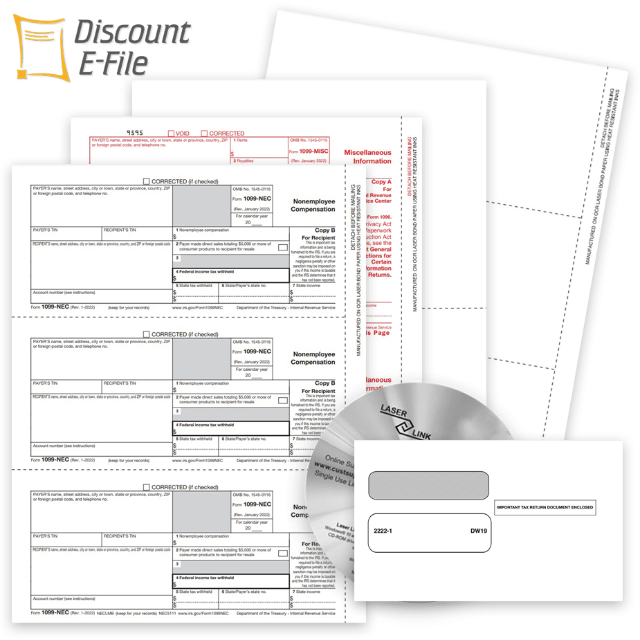 1099 Filing Forms Envelopes Software Efile 1099 Filing Products, Buy 1099 Forms, Envelopes, Software or File Online and E-File at Discount Prices - No Coupon Needed - DiscountTaxForms.com