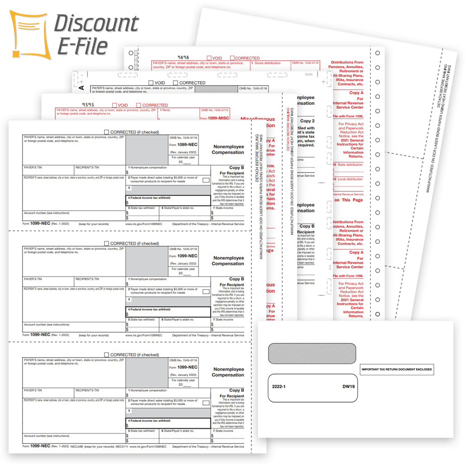 1099 Forms Envelopes Efile 1099 Tax Forms, Envelopes and Efiling for 2022. Official IRS 1099 Forms - DiscountTaxForms.com