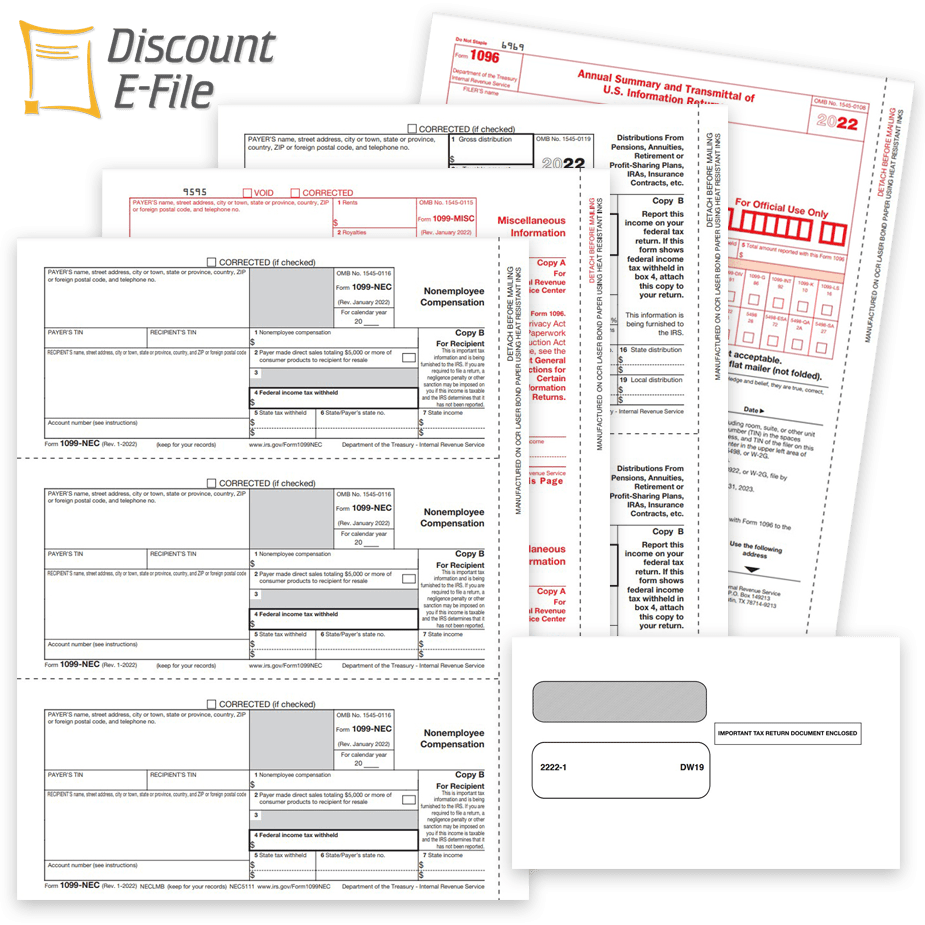 1099 Forms Official 2022 Order 1099 Forms for 2022, Official Preprinted IRS Forms, Envelopes and Easy Online E-Filing Solutions - DiscountTaxForms.com