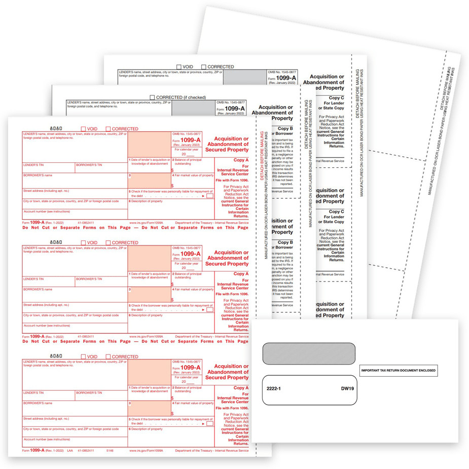 1099A Tax Forms and Envelopes 2022, Acquisition or Abandonment of Secured Property, Official IRS 1099-A Forms - DiscountTaxForms.com