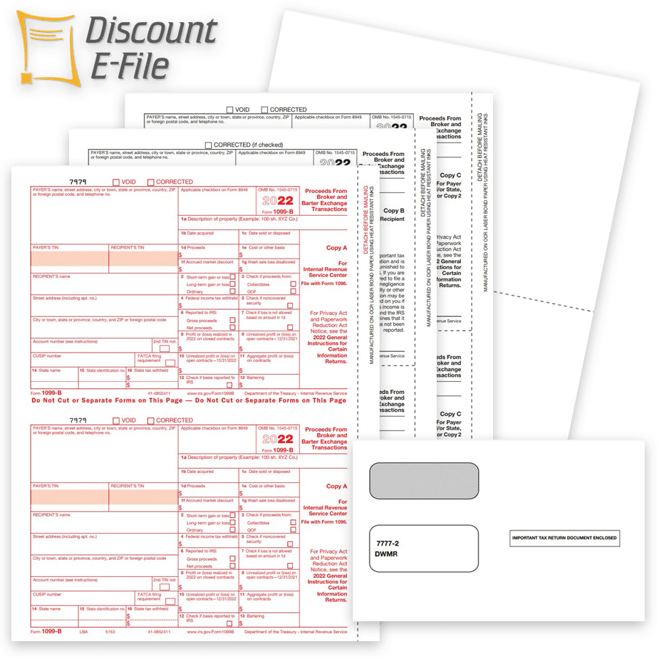 1099B Tax Forms Envelopes 1099B Tax Forms and Envelopes for 2022, Proceeds from Broker and Barter Exchange Transactions, Official IRS 1099-B Forms - DiscountTaxForms.com