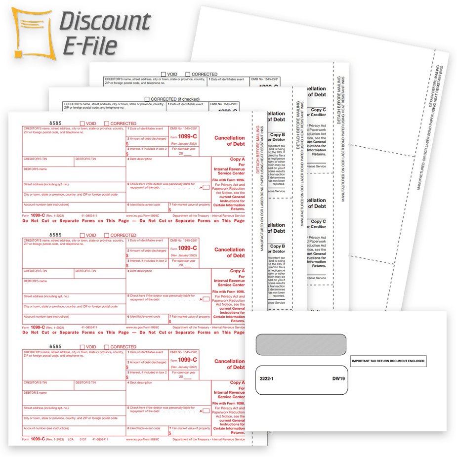 1099C Tax Forms Envelopes 2022 1099C Tax Forms and Envelopes for 2022, Official 1099-C Forms for Cancellation of Debt - DiscountTaxForms.com
