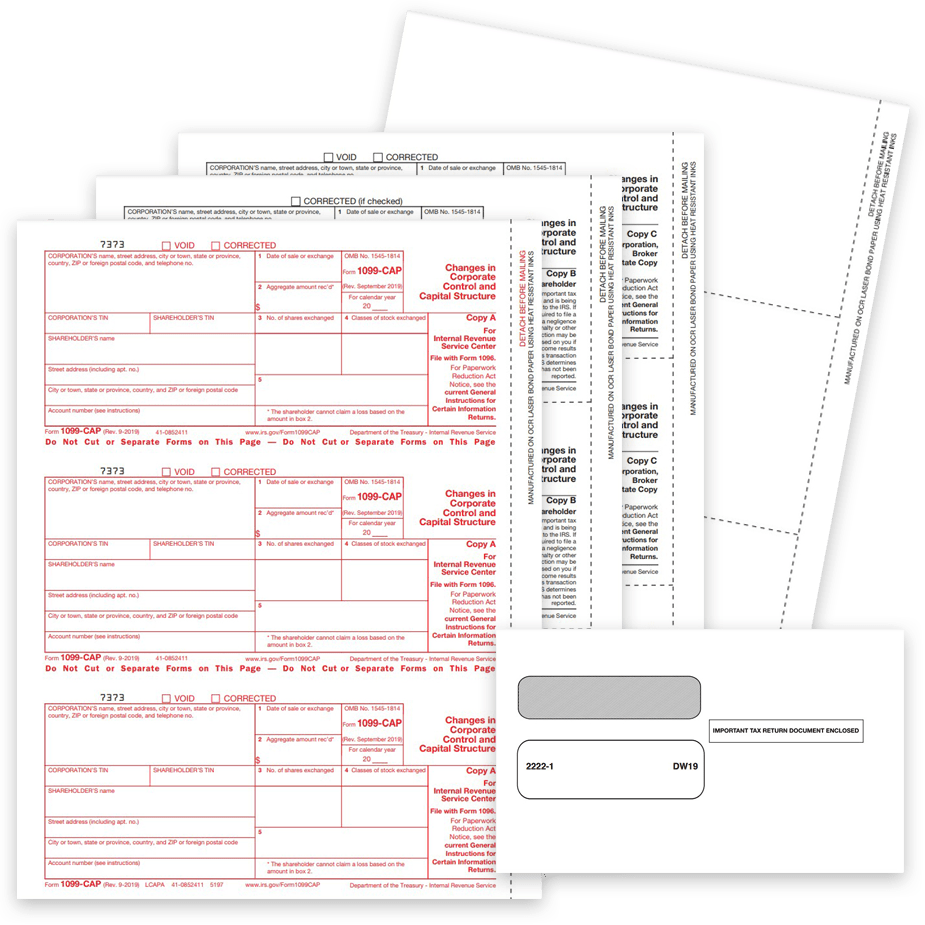 1099CAP Tax Forms Envelopes 2022 1099CAP Tax Forms and Envelopes for 2022, Changes in Corporate Control and Capital Structure, Official IRS 1099-CAP Forms - DiscountTaxForms.com