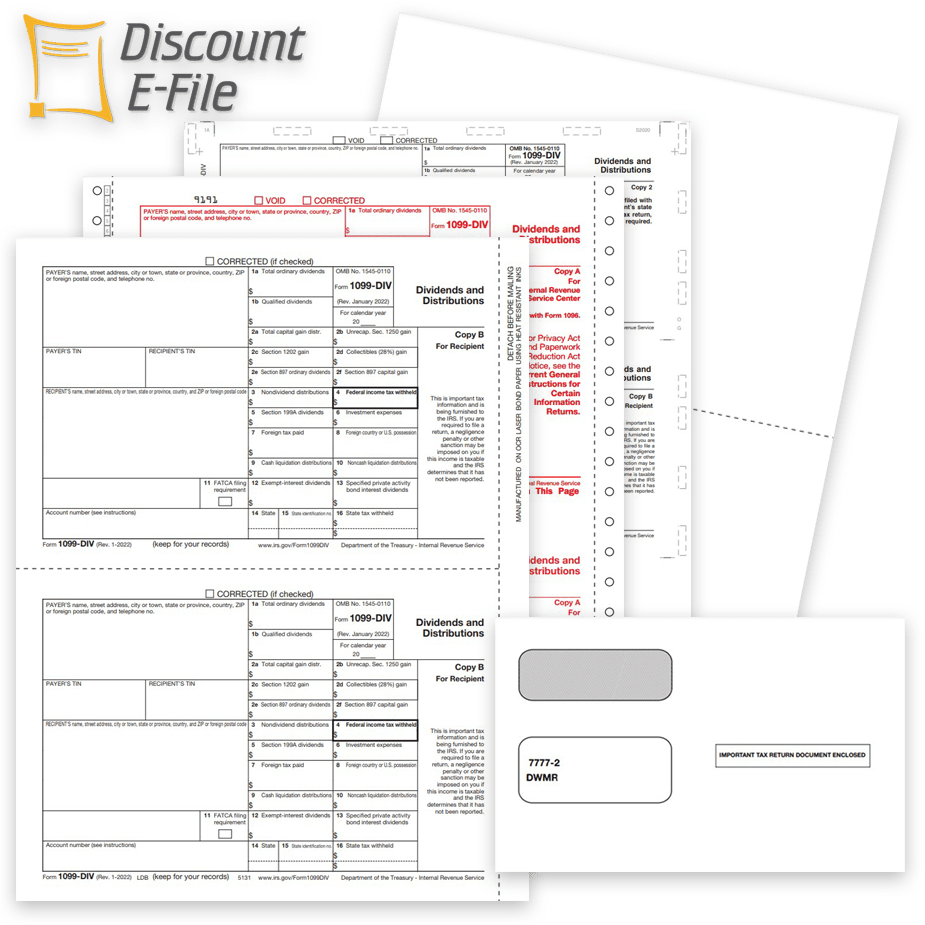 1099DIV Tax Forms Envelopes 2022 1099DIV Tax Forms and Envelopes for 2022, Income from Dividends and Capital Gains, Official IRS 1099-DIV Forms - DiscountTaxForms.com