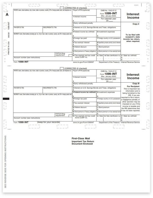 1099INT Pressure Seal Tax Forms, 11" Z-Fold, Recipient Copies B & 2 - DiscountTaxForms.com