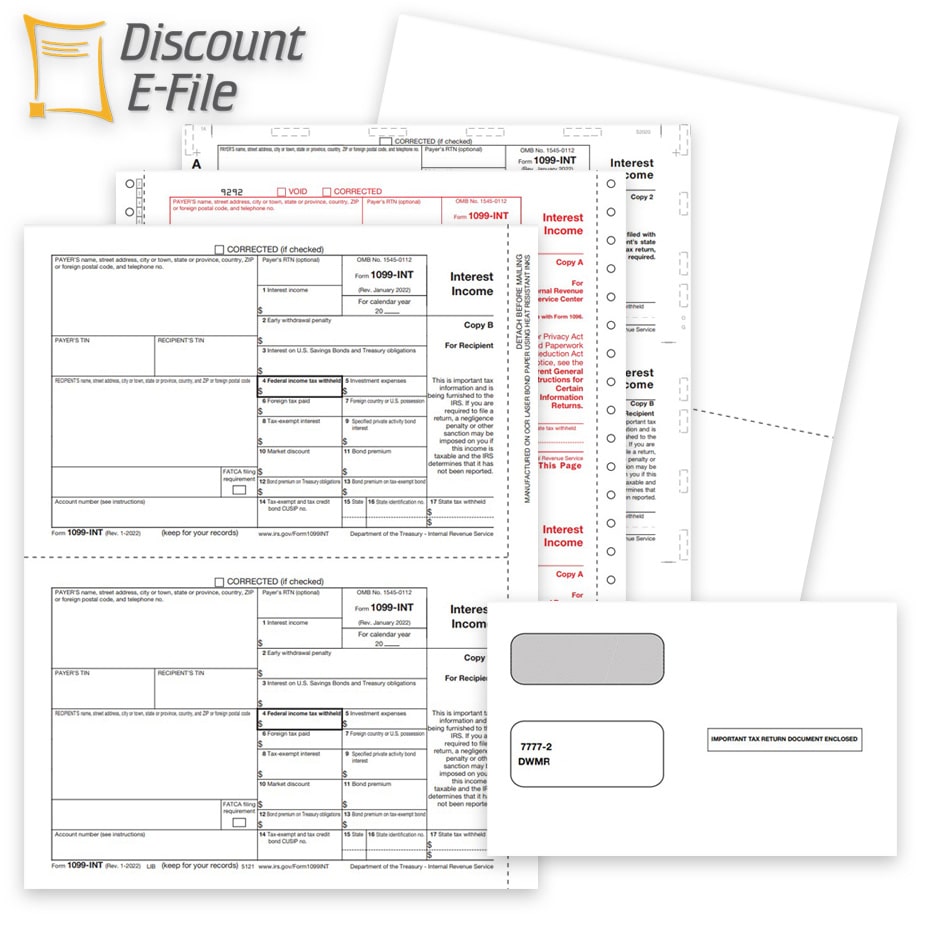 1099INT Tax Forms and Envelopes for 2022, Interest Income Reporting, Official IRS 1099-INT Forms - DiscountTaxForms.com