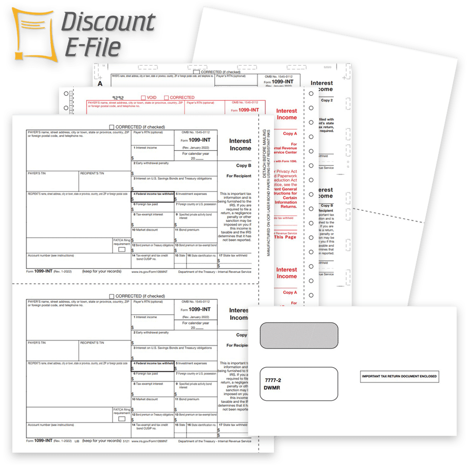 1099INT Tax Forms and Envelopes for 2022, Interest Income Reporting, Official IRS 1099-INT Forms - DiscountTaxForms.com