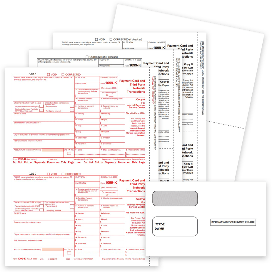 1099K Tax Forms and Envelopes 2022. Official IRS 1099-K Forms for Payment Card and Third Party Network Transactions - DiscountTaxForms.com