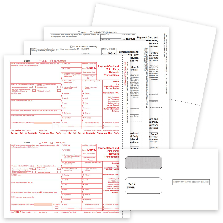 1099K Tax Forms Envelopes 2022 1099K Tax Forms and Envelopes 2022. Official IRS 1099-K Forms for Payment Card and Third Party Network Transactions - DiscountTaxForms.com