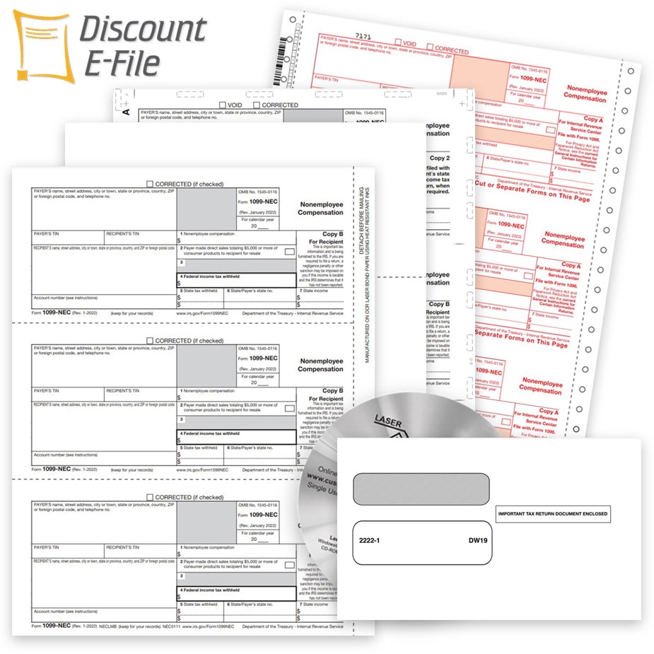 1099NEC Filing for 2022 with 1099-NEC Forms, Envelopes, Software, E-file and Online 1099 Filing at Discount Prices, No Coupon Needed - DiscountTaxForms.com