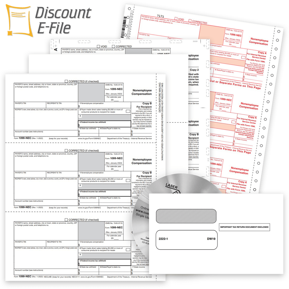 1099NEC Forms Envelopes Software Efile 1099NEC Filing for 2022 with 1099-NEC Forms, Envelopes, Software, E-file and Online 1099 Filing at Discount Prices, No Coupon Needed - DiscountTaxForms.com