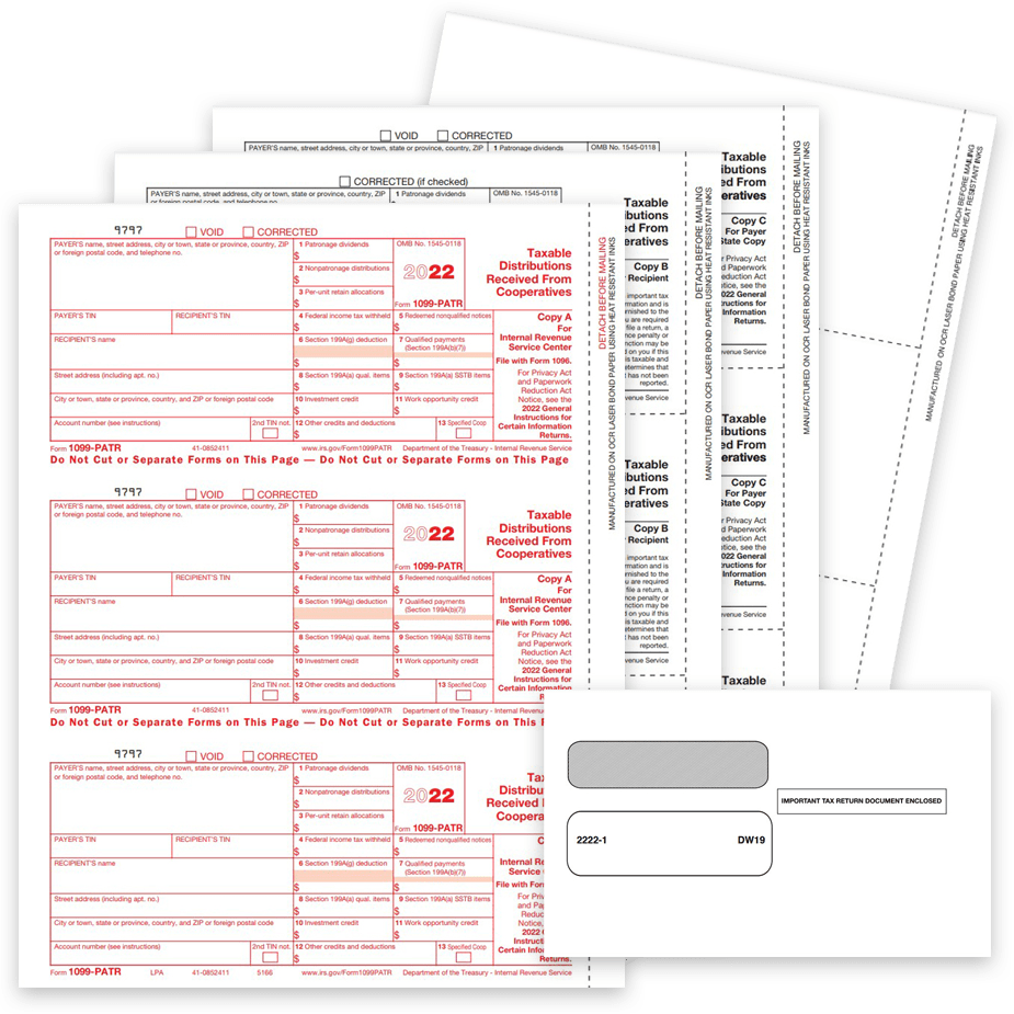 1099PATR Tax Forms and Envelopes for 2022. Official IRS 1099-PATR Forms for Taxable Distributions from Cooperatives - DiscountTaxForms.com