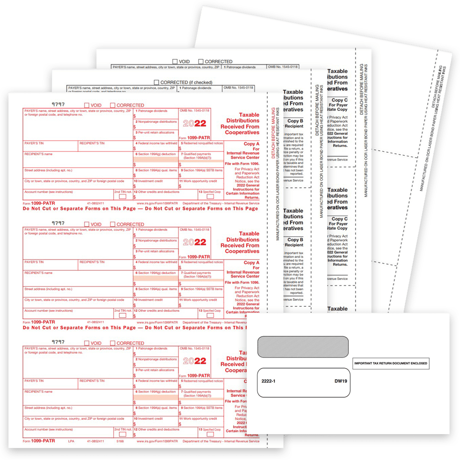 1099PATR Tax Forms Envelopes 2022 1099PATR Tax Forms and Envelopes for 2022. Official IRS 1099-PATR Forms for Taxable Distributions from Cooperatives - DiscountTaxForms.com