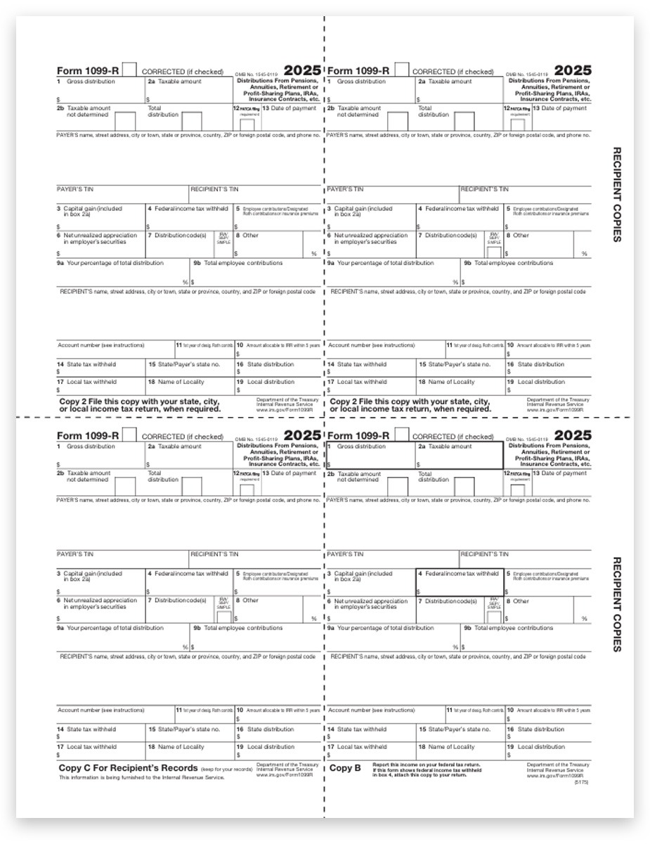 Order 1099R Tax Forms for 2025, 4up Recipient Copies B-C-2-2 for Federal, State, City & File, Official Preprinted 1099-R Forms and Easy E-File Options at Big Discounts, No Coupon Needed - DiscountTaxForms.com