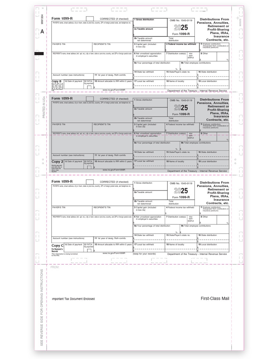Order 1099R Pressure Seal Tax Forms for 2025, 3up Recipient Copies, EZ Fold 14-in. Bulk Discounts, No Coupon Needed - DiscountTaxForms.com