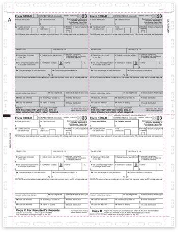 1099R Pressure Seal Forms 2023, 11-inch V-Fold, 4up Recipient Copies, V1 Quadrant Layout - DiscountTaxForms.com
