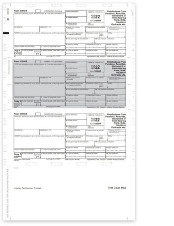 1099R Pressure Seal Tax Forms for 2022, 3up Recipient Copies B, C, 2 - DiscountTaxForms.com