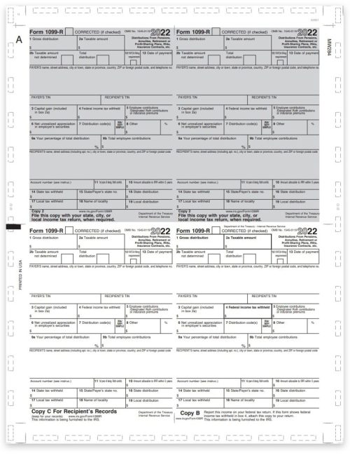 1099R Pressure Seal Forms, 11-inch V-Fold, 4up Recipient Copies, V1 Quadrant Layout - DiscountTaxForms.com