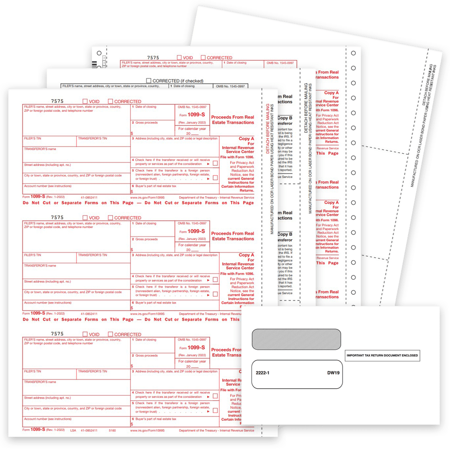 1099S Tax Forms and Envelopes for 2022. Official IRS 1099-S Forms for Proceeds from Real Estate Transactions - DiscountTaxForms.com