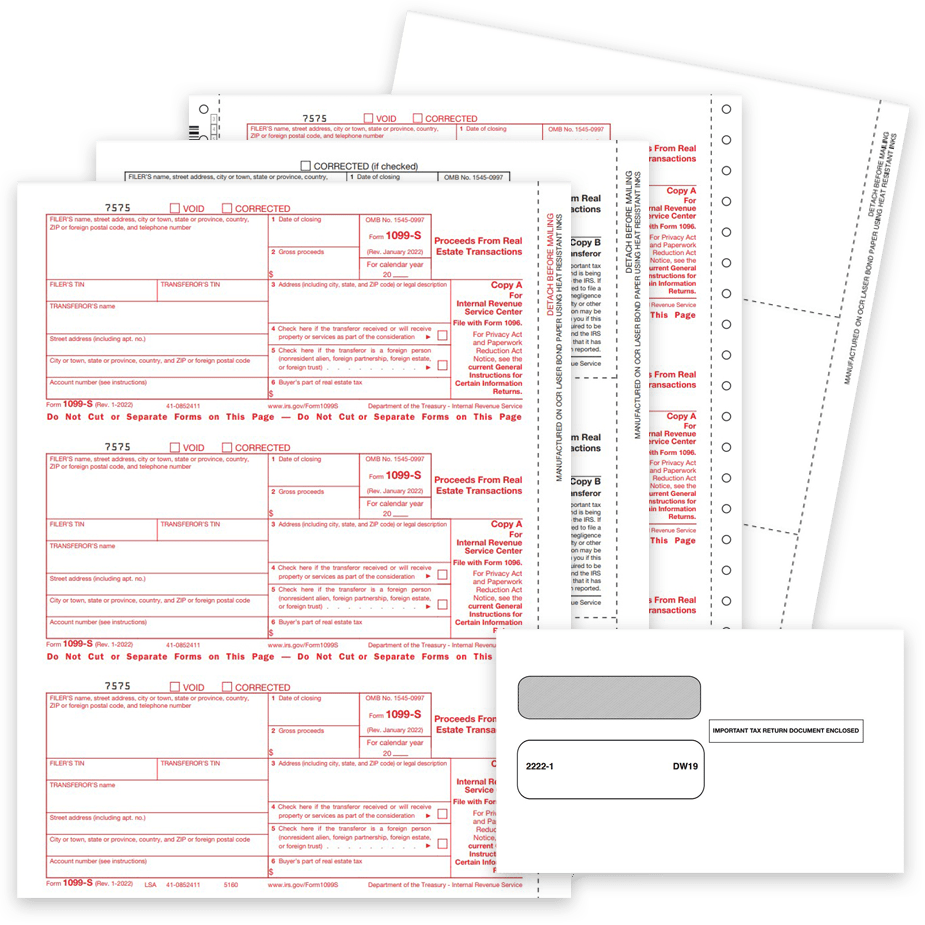 1099S Tax Forms Envelopes 2022 1099S Tax Forms and Envelopes for 2022. Official IRS 1099-S Forms for Proceeds from Real Estate Transactions - DiscountTaxForms.com