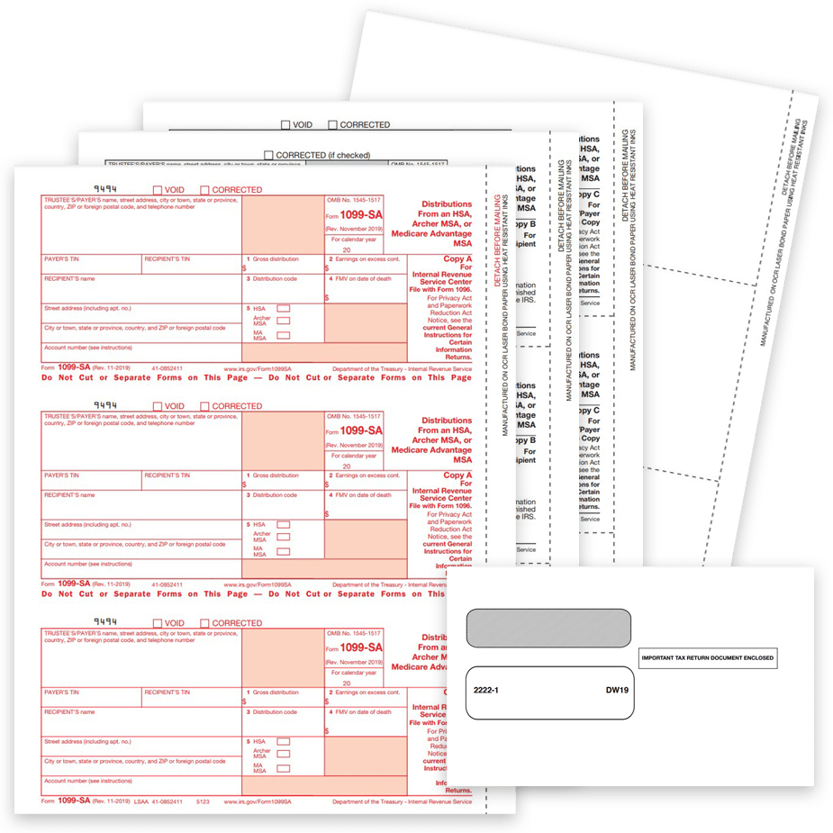 1099SA Tax Forms and Envelopes for 2022. Official IRS 1099-SA Forms for Distributions from HSA or MSA - DiscountTaxForms.com
