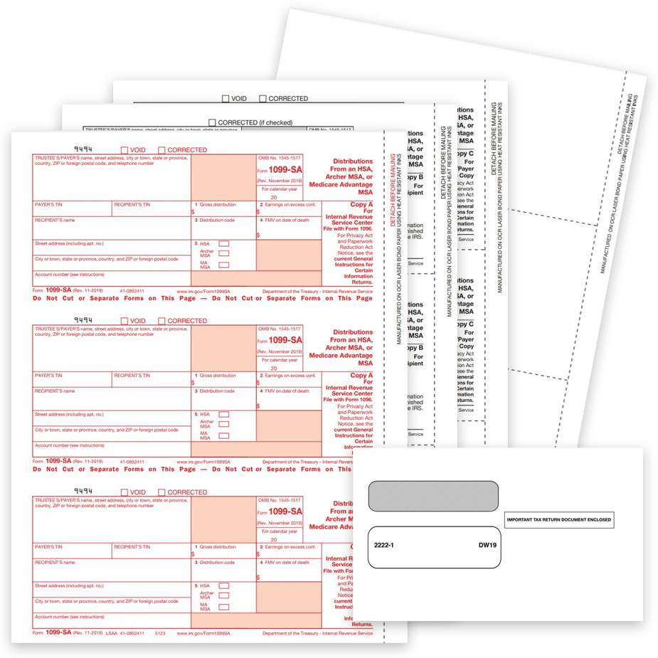 1099SA Tax Forms Envelopes 2022 1099SA Tax Forms and Envelopes for 2022. Official IRS 1099-SA Forms for Distributions from HSA or MSA - DiscountTaxForms.com