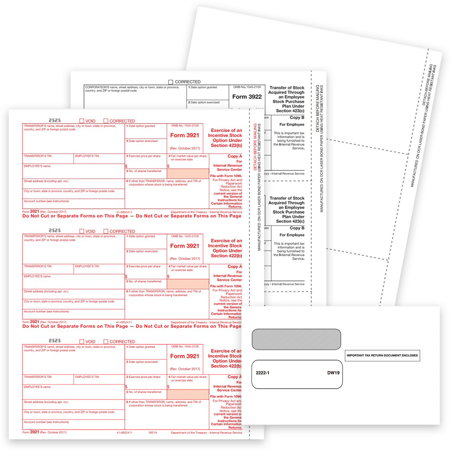 3921 & 3922 Tax Forms and Envelopes for 2022. Stock Option Information Reporting Tax Forms - DiscountTaxForms.com