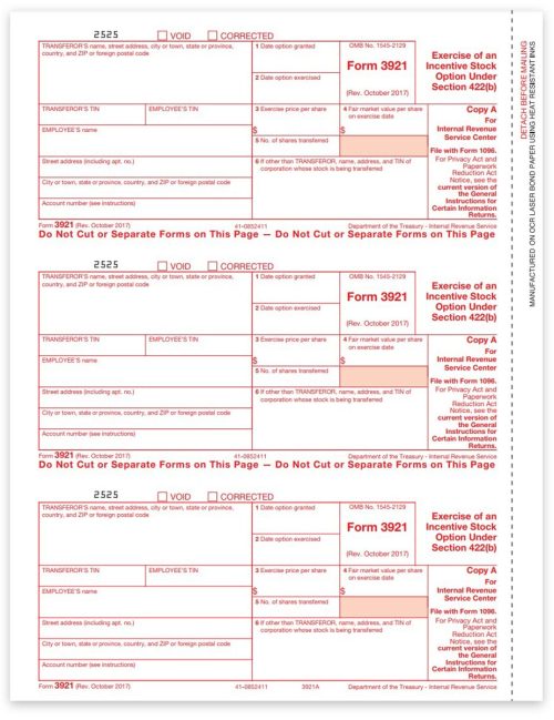 3921 Tax Forms for Incentive Stock Options during 2022. Official IRS Red Copy A Forms - DiscountTaxForms.com