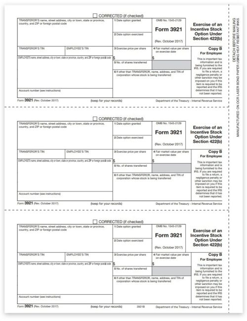 3921 Tax Forms for Incentive Stock Options during 2022. Official Employee Copy B Forms - DiscountTaxForms.com