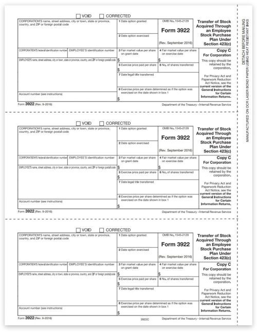 3922 Tax Forms for Employee Stock Purchase in 2022. Official Corporation Copy C Forms - DiscountTaxForms.com