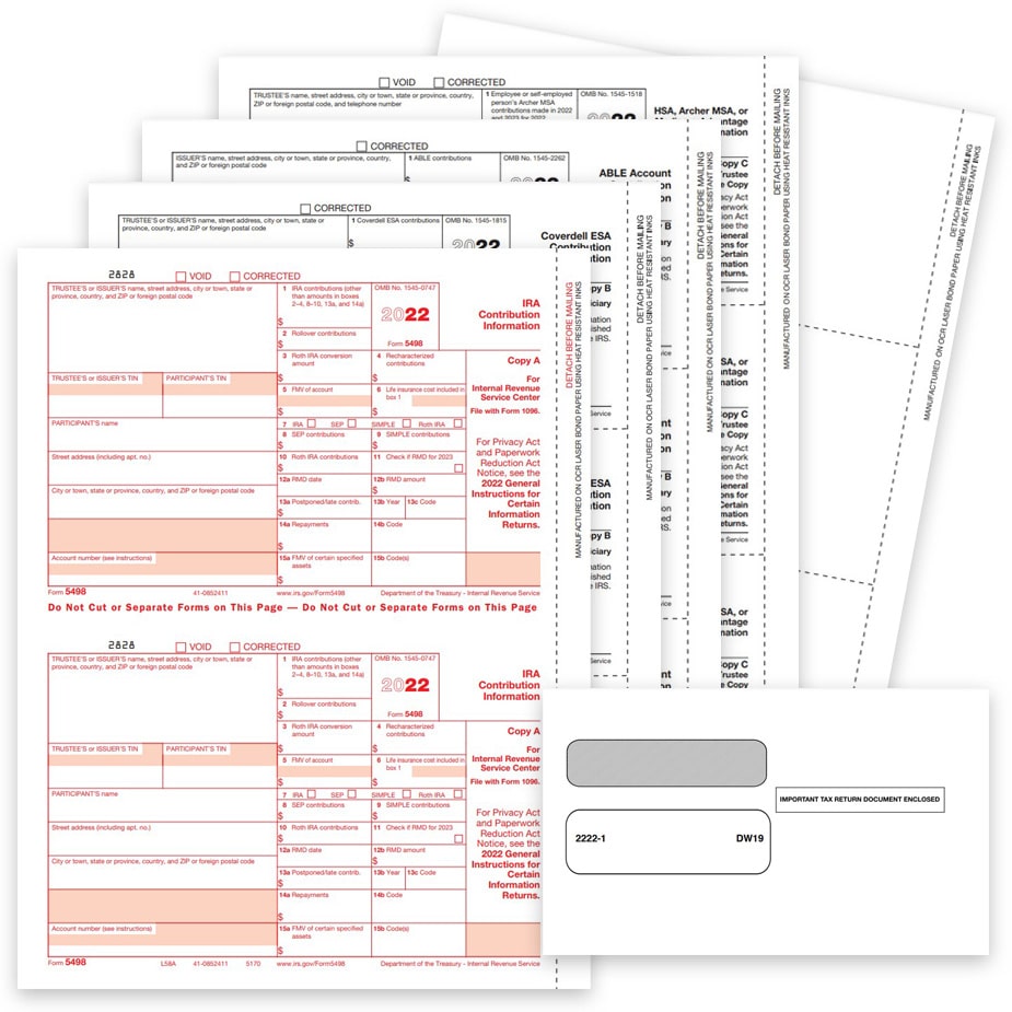 5498 Tax Forms and Envelopes for 2022. Report Specific IRA and Other Contributions. Official 5498, -ESA, -QA and -SA Forms - DiscountTaxForms.com
