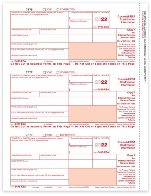 5498ESA Tax Forms for 2022, IRS Copy A, Official Red 5498-ESA Forms - DiscountTaxForms.com