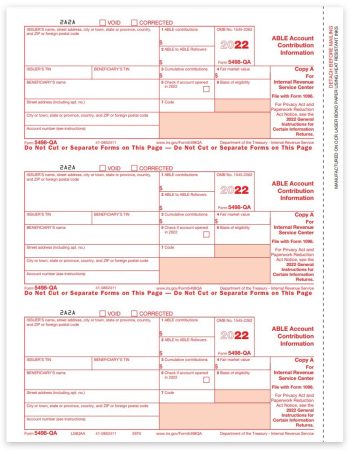 5498QA Tax Forms for 2022. ABLE Account Contribution Information Reporting. Official IRS Red Copy A Forms - DiscountTaxForms.com