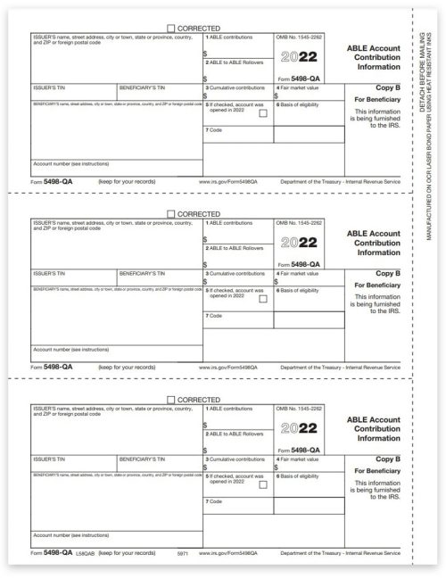 5498QA Tax Forms for 2022. ABLE Account Contribution Information Reporting. Official Beneficiary Copy B Forms - DiscountTaxForms.com