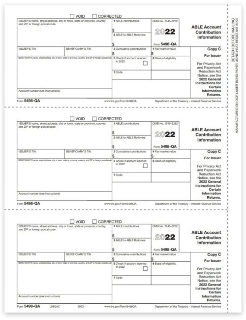 5498QA Tax Forms for 2022. ABLE Account Contribution Information Reporting. Official Issuer Copy C Forms - DiscountTaxForms.com