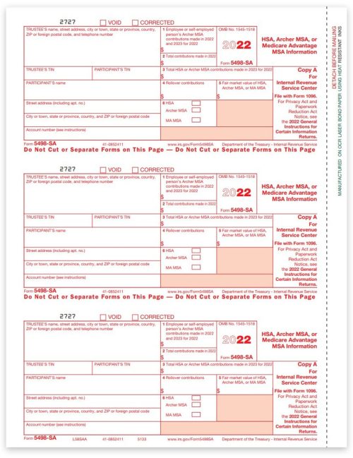 5498SA Tax Forms for 2022. Information Reporting for HSA, Archer MSA and Medicare MSA. Official IRS Red Copy A Forms - DiscountTaxForms.com