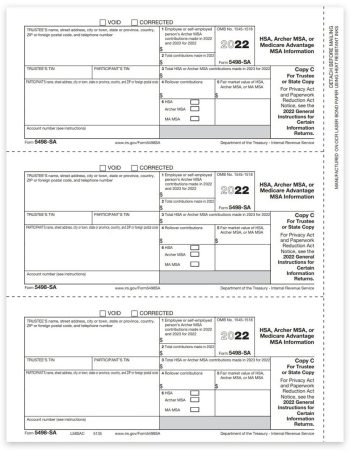 5498SA Tax Forms for 2022. Information Reporting for HSA, Archer MSA and Medicare MSA. Official Trustee Copy C Forms - DiscountTaxForms.com