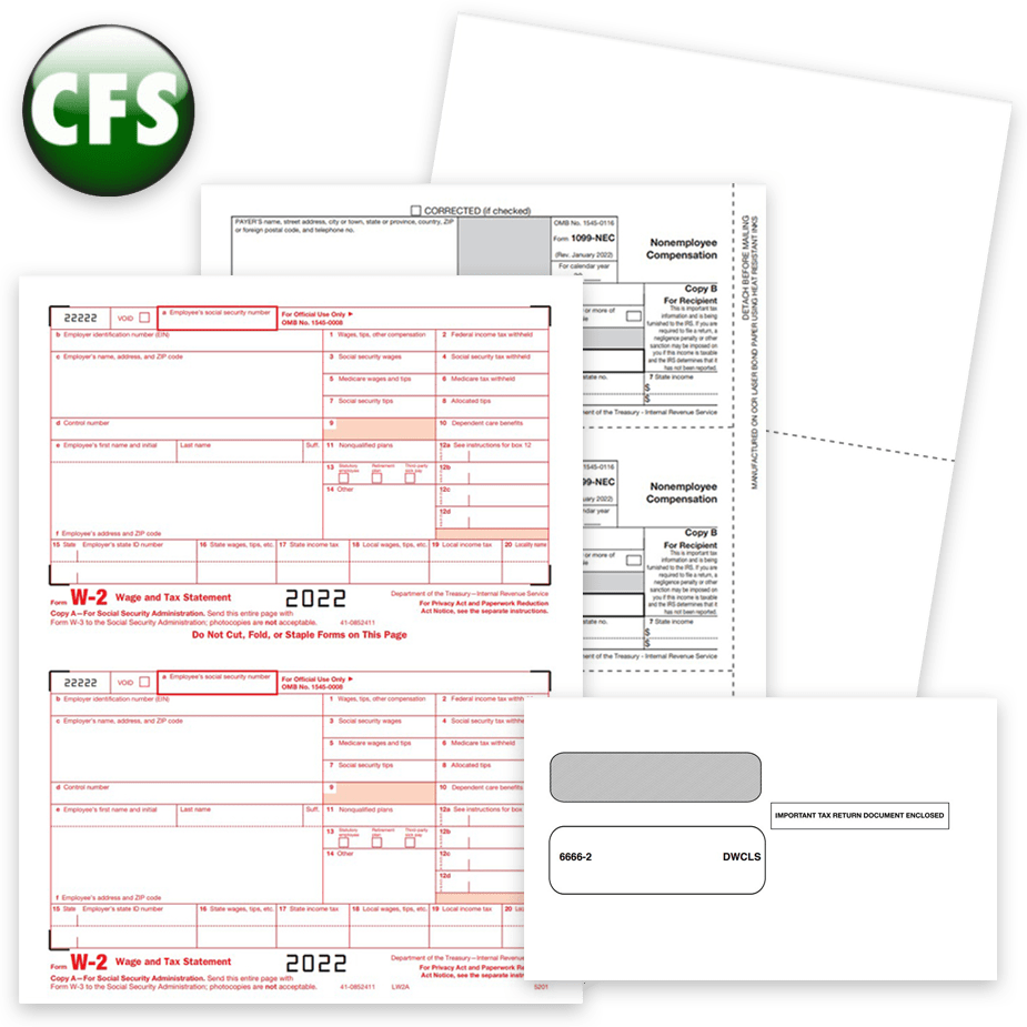 CFS Software Compatible 1099 & W2 Tax Forms and Envelopes for 2022 - DiscountTaxForms.com