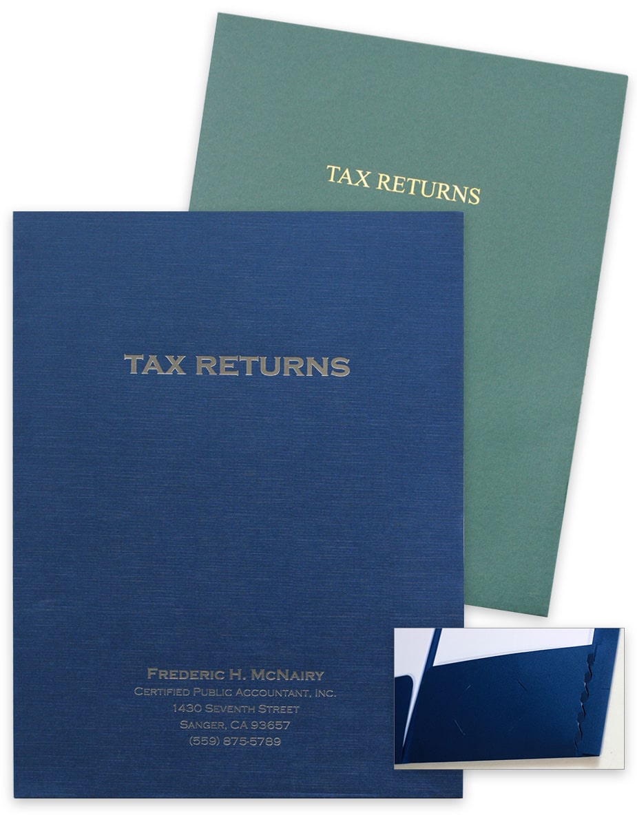 Foil Stamped Tax Return Folders with Expanding Pockets, Foil Logos and Business Information for CPAs and Accountants - DiscountTaxForms.com