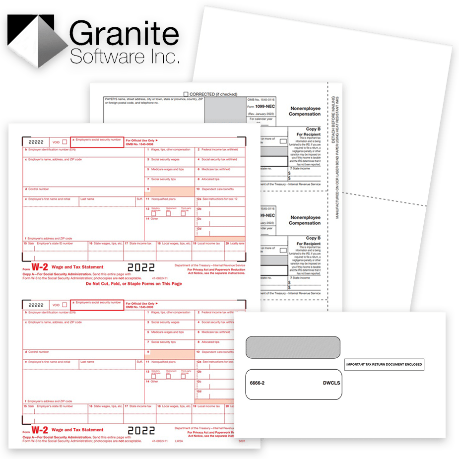 Granite Software Compatible 1099 & W2 Tax Forms and Envelopes for 2022 - DiscountTaxForms.com