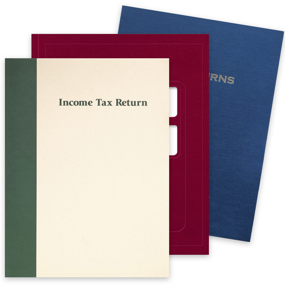 Custom Income Tax Folders with Personalized Ink Imprinting or Foil Stamping of Logos and Business Info for CPAs and Accountants - DiscountTaxForms.com