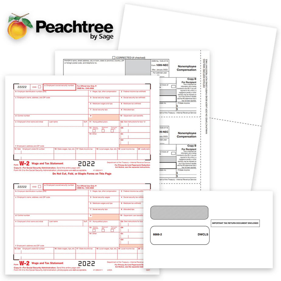 Peachtree Software Compatible 1099 & W2 Tax Forms and Envelopes for 2022 - DiscountTaxForms.com