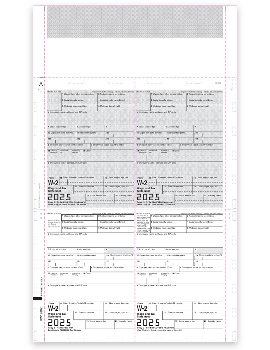W2 Pressure Seal Forms for 2025, 14-in EZ-fold Duplex, 4up Perforated Quadrant Corners for Employee W2 forms - DiscountTaxForms.com