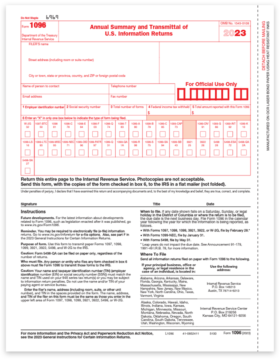 1096 Form for Summary and Transmittal of 2023 1099 Forms to the IRS by Payers - DiscountTaxForms.com