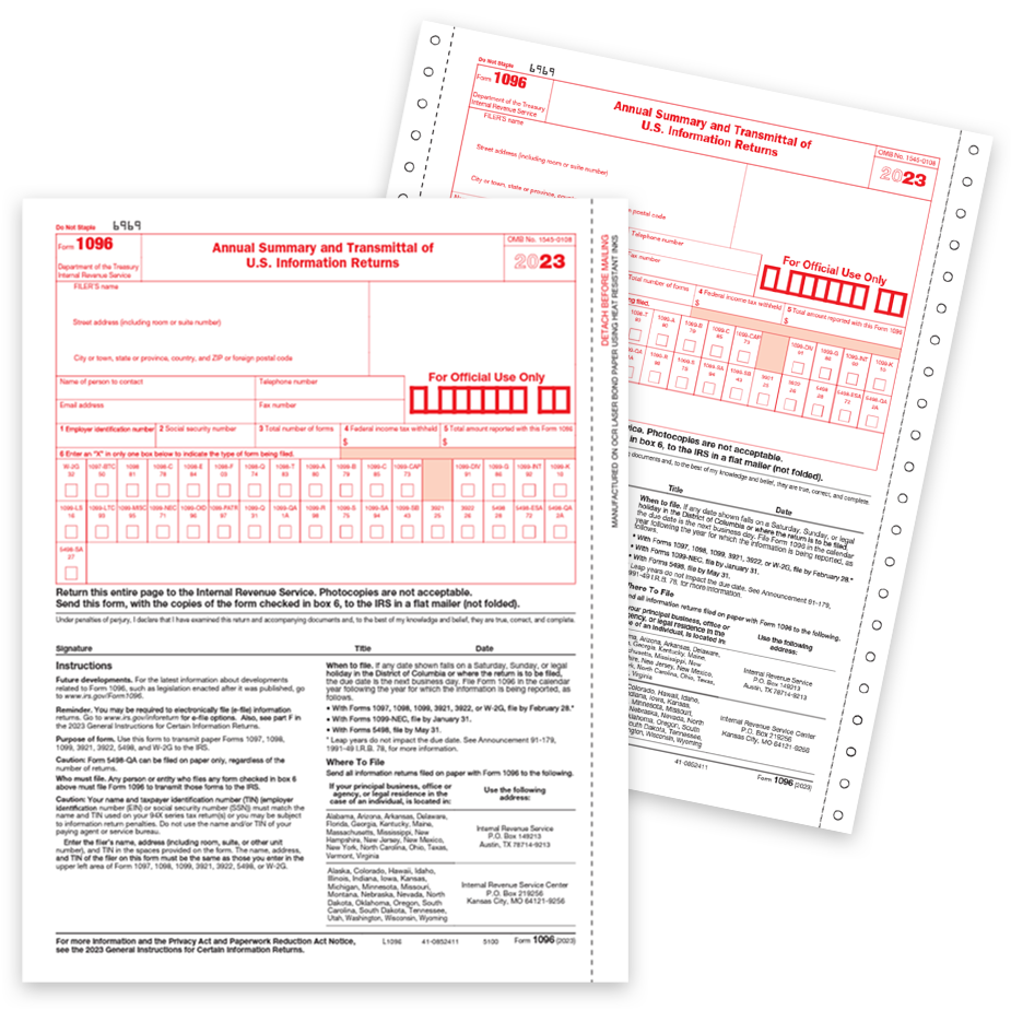 1096 Forms for Summary and Transmittal for 2023 1099 Forms 1096 Forms for 2023 Summary and Transmittal of 1099 Forms - Do Not Order if You Efile Forms per new requirement changes - DiscountTaxForms.com