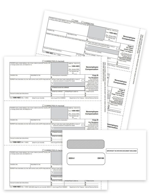 1099NEC Tax Forms and Envelopes Sets for Efilers, Includes Recipient Copies and Payer State-File Copies for 2023, plus Security Envelopes at Discount Prices, No Coupon Code Needed - DiscountTaxForms.com